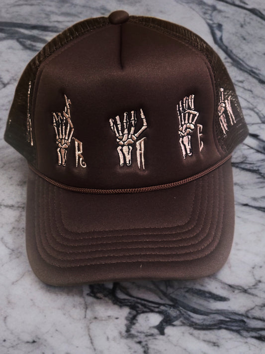 Skeleton Sign language Brown Trucker